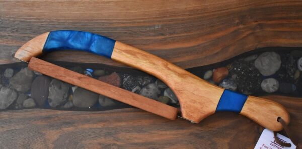 Wood Bow Bread Knife with Leland Blue Epoxy and Magnetic Blade Guard