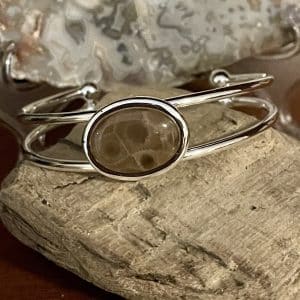 Petoskey Stone Double Band Cuff Bracelet - Oval 18 x 13 mm