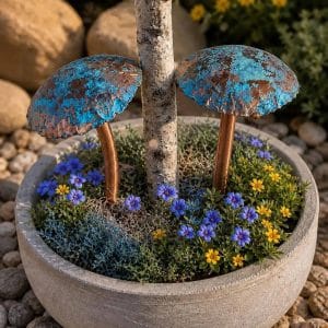 Solid Copper Garden Mushroom Sculpture with Turquoise Patina