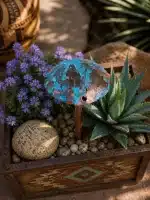 Solid Copper Garden Mushroom Sculpture with Turquoise Patina Top View