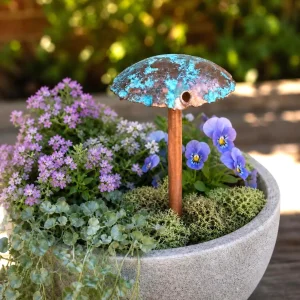 Solid Copper Garden Mushroom Sculpture with Turquoise Patina in Pot