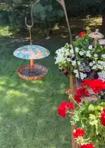 Turquoise Copper Mushroom Bird Feeder on Sheperds Hook