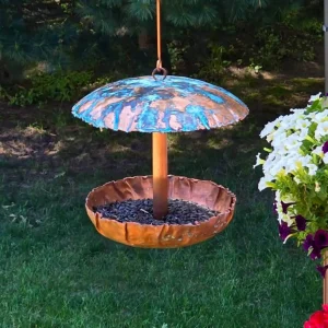 Turquoise Copper Mushroom Bird Feeder with bird seed