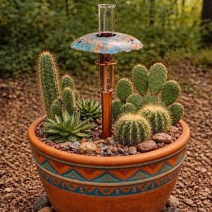 Turquoise Patina Copper Mushroom Rain Gauge