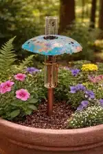 Turquoise Patina Copper Mushroom Rain Gauge in flower pot