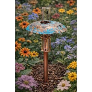 Turquoise Patina Copper Mushroom Rain Gauge in garden