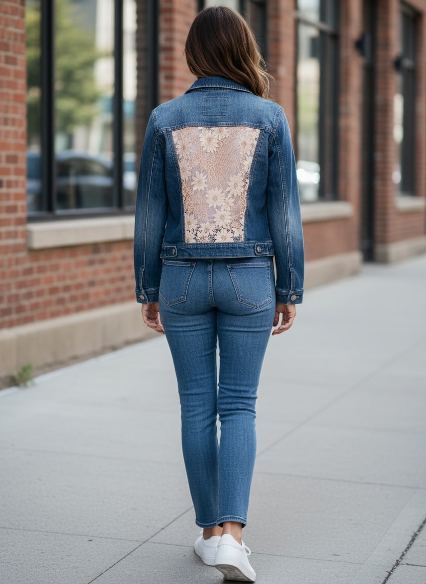 Upcycled Maurices Jean Jacket with Lace Inserts Back Side